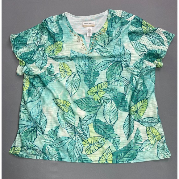 Alfred Dunner Woman 1X‎ Top Green Leaf Print Embellished V Neck Short Sleeve - Picture 1 of 3
